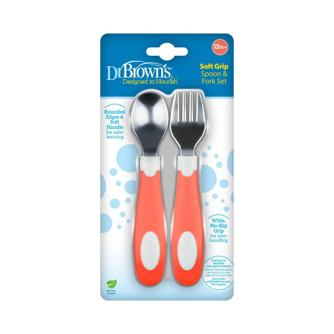 Dr. Brown's Soft Grip Spoon & Fork Set, Coral,TF026