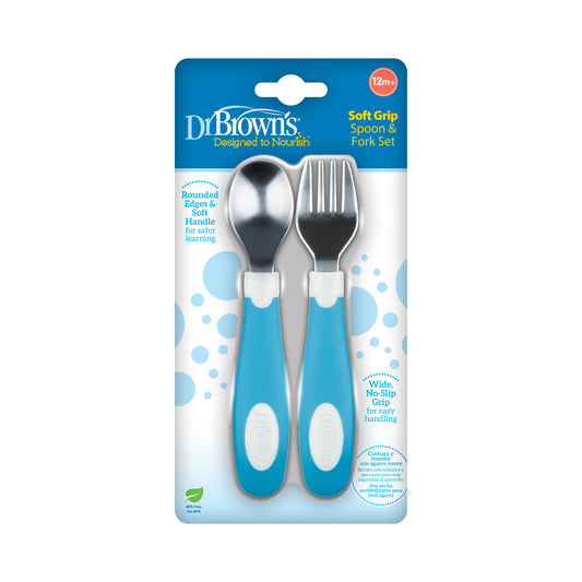 Dr. Brown's TF028 Soft Grip Spoon & Fork Set, Blue and White