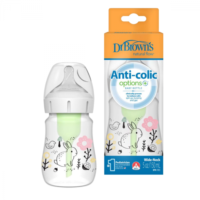Dr Brown's 5 oz/150 mL Options+ Wide-Neck Designer Bottle, Woodland Bunny Design, 1-Pack, WB51009-INTLX