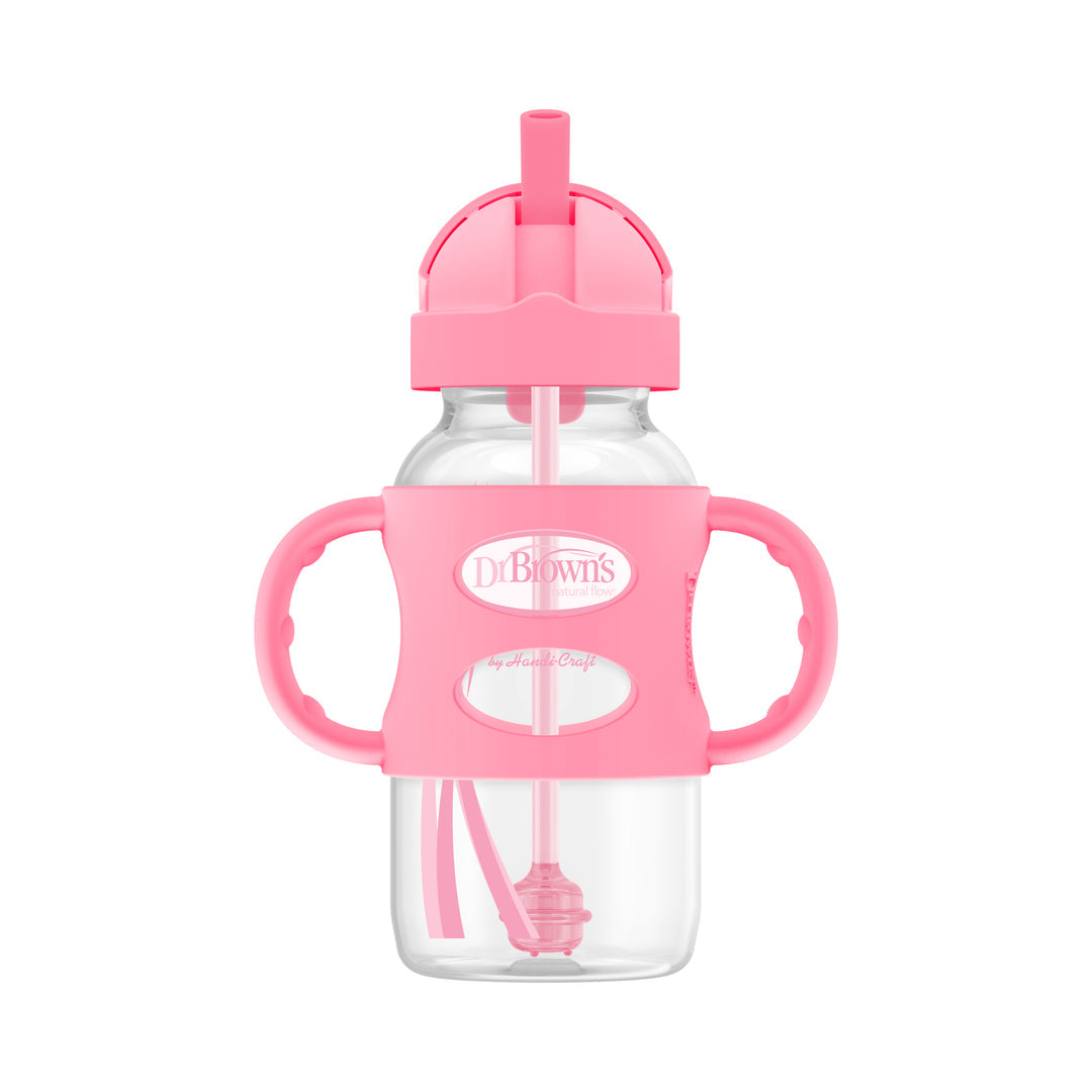 Dr. Brown's 9 oz/270 mL Wide-Neck Sippy Straw Bottles w/ Silicone Handles, Pink, 1-Pack 6m+, WB91011