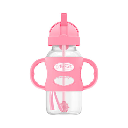 Dr. Brown's 9 oz/270 mL Wide-Neck Sippy Straw Bottles w/ Silicone Handles, Pink, 1-Pack 6m+, WB91011