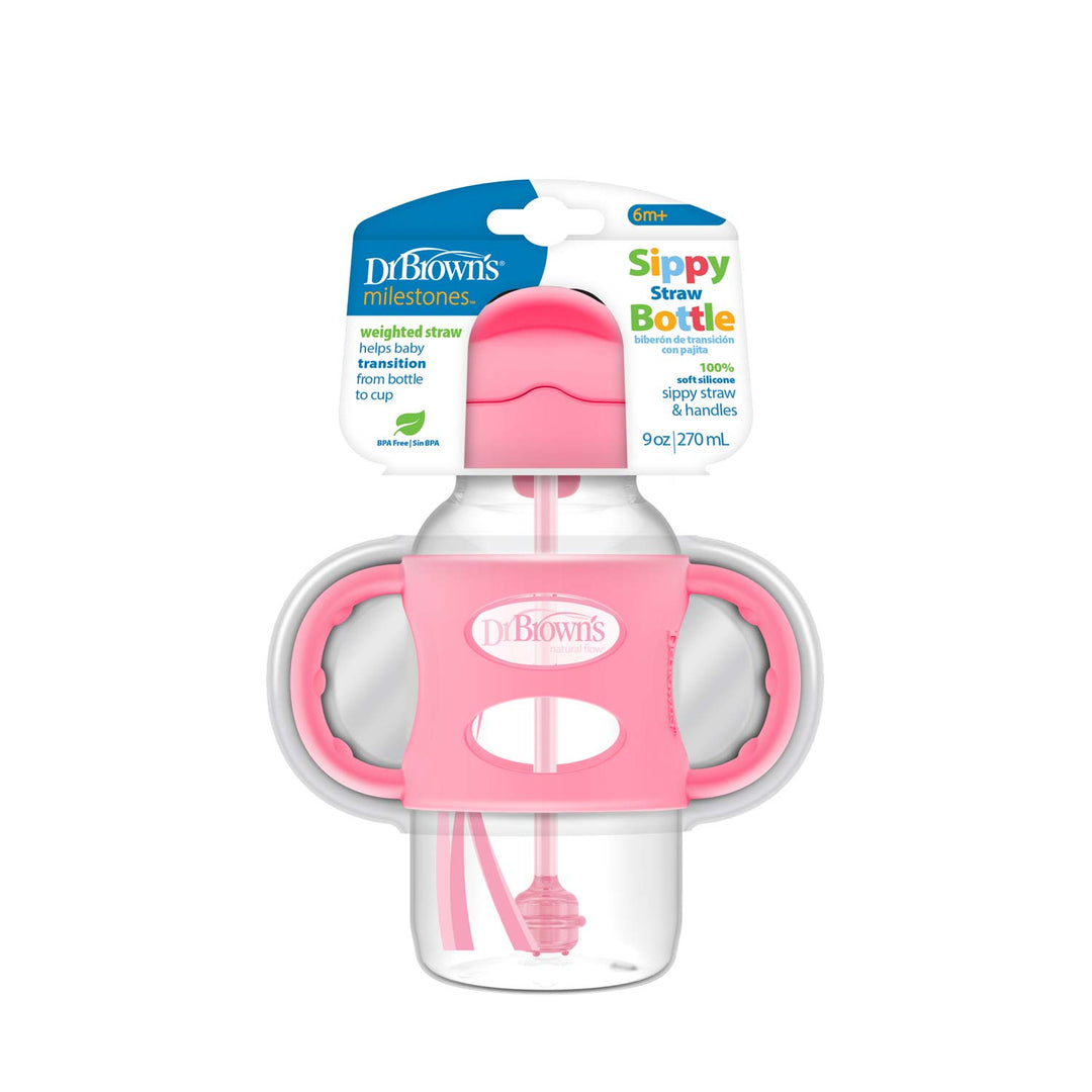 Dr. Brown's 9 oz/270 mL Wide-Neck Sippy Straw Bottles w/ Silicone Handles, Pink, 1-Pack 6m+, WB91011