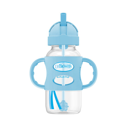 Dr. Brown's 9 oz/270 mL Wide-Neck Sippy Straw Bottles w/ Silicone Handles, Blue, 1-Pack 6m+, WB91012