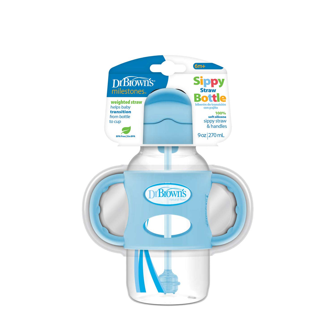 Dr. Brown's 9 oz/270 mL Wide-Neck Sippy Straw Bottles w/ Silicone Handles, Blue, 1-Pack 6m+, WB91012