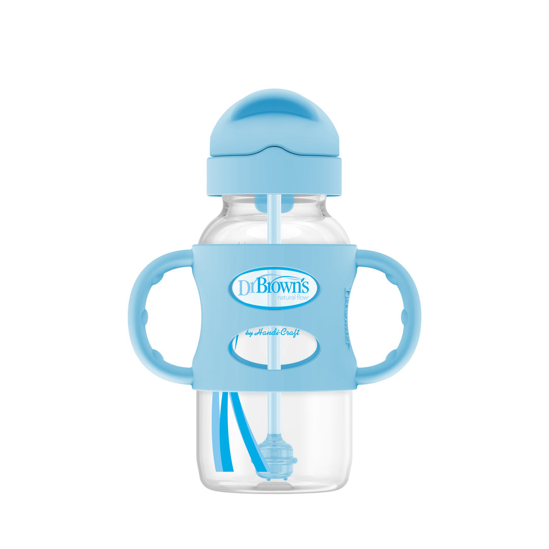 Dr. Brown's 9 oz/270 mL Wide-Neck Sippy Straw Bottles w/ Silicone Handles, Blue, 1-Pack 6m+, WB91012