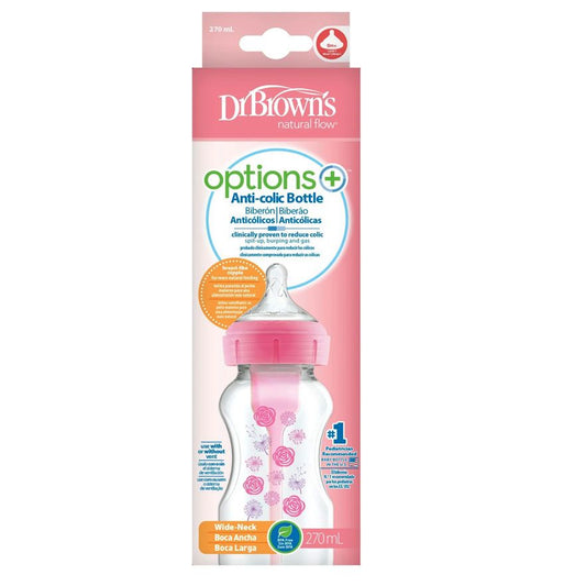 Dr Brown's 9 oz/270 mL Wide-Neck Options+ Bottle, Pink floral deco, 1-Pack, WB91801- INTLX